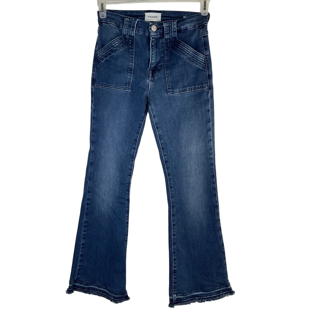 FRAME Le High Flare‎ Jeans Women's Size 26 Dark Wash Denim Frayed Hem Retro
